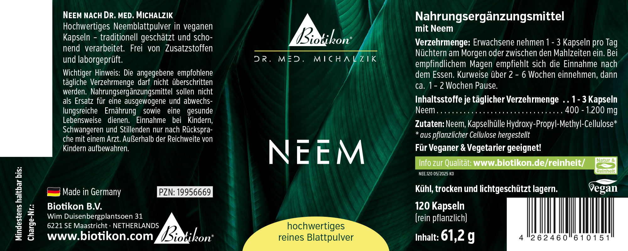 Poudre de Neem 120 Capsules – Purement Végétal 120 capsules vegan remplies de poudre de feuille de neem de haute qualité, emballage aux tons verts, vue de face.