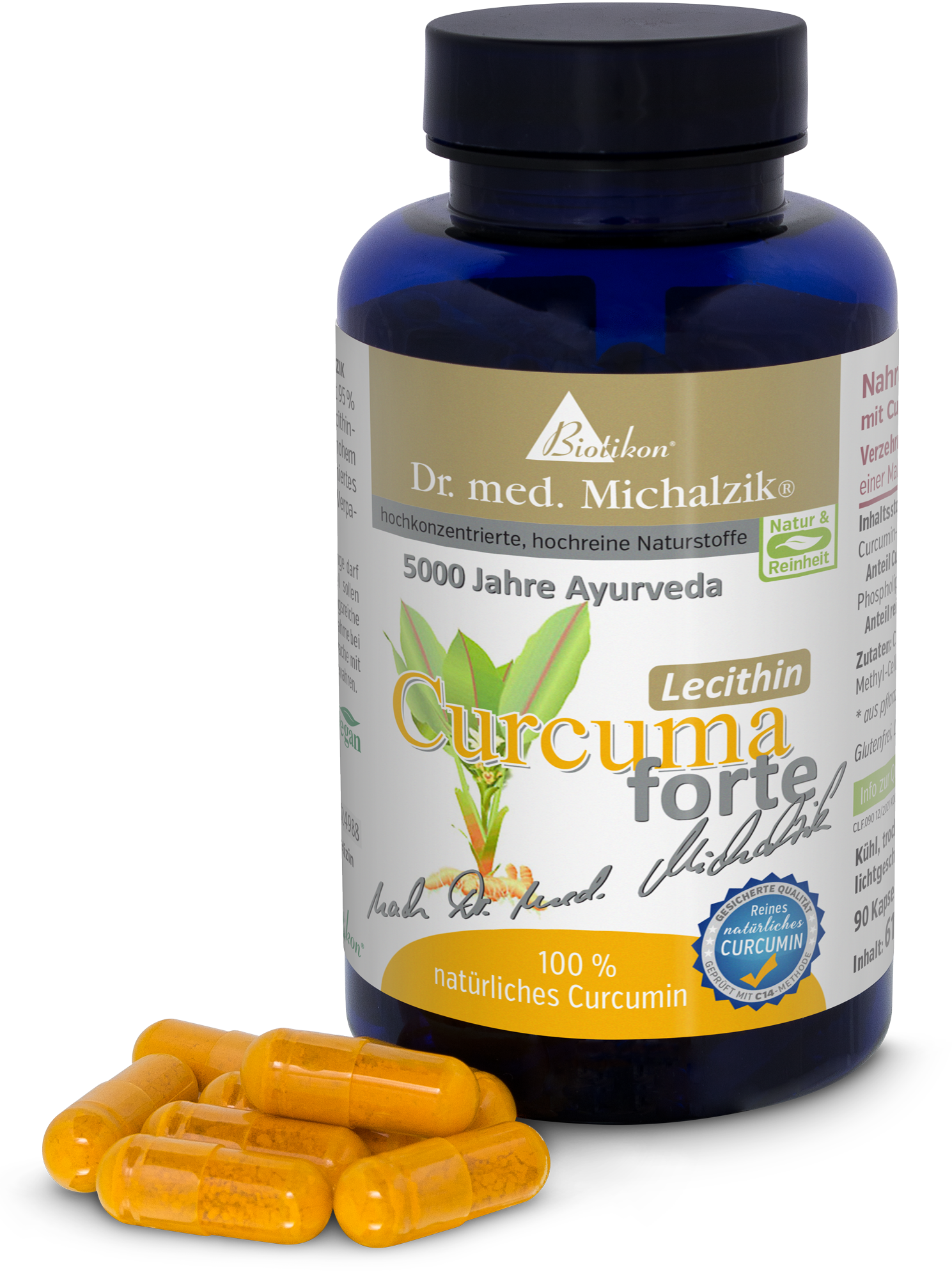 Curcuma Forte – 90 Capsules Gélules avec du curcumin naturel dans un flacon en verre bleu, 90 pièces, gélules jaune-orange, vue de face.