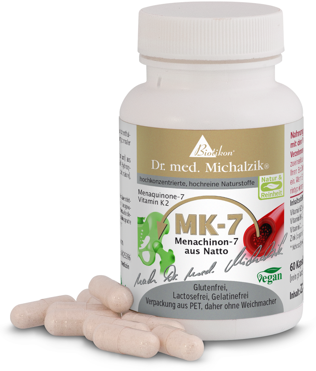 Vitamine K2 MK-7 – 60 gélules Contenant en verre avec des gélules de vitamine K2 MK-7, couleur blanche, montrant 60 gélules, végan, sans gluten.