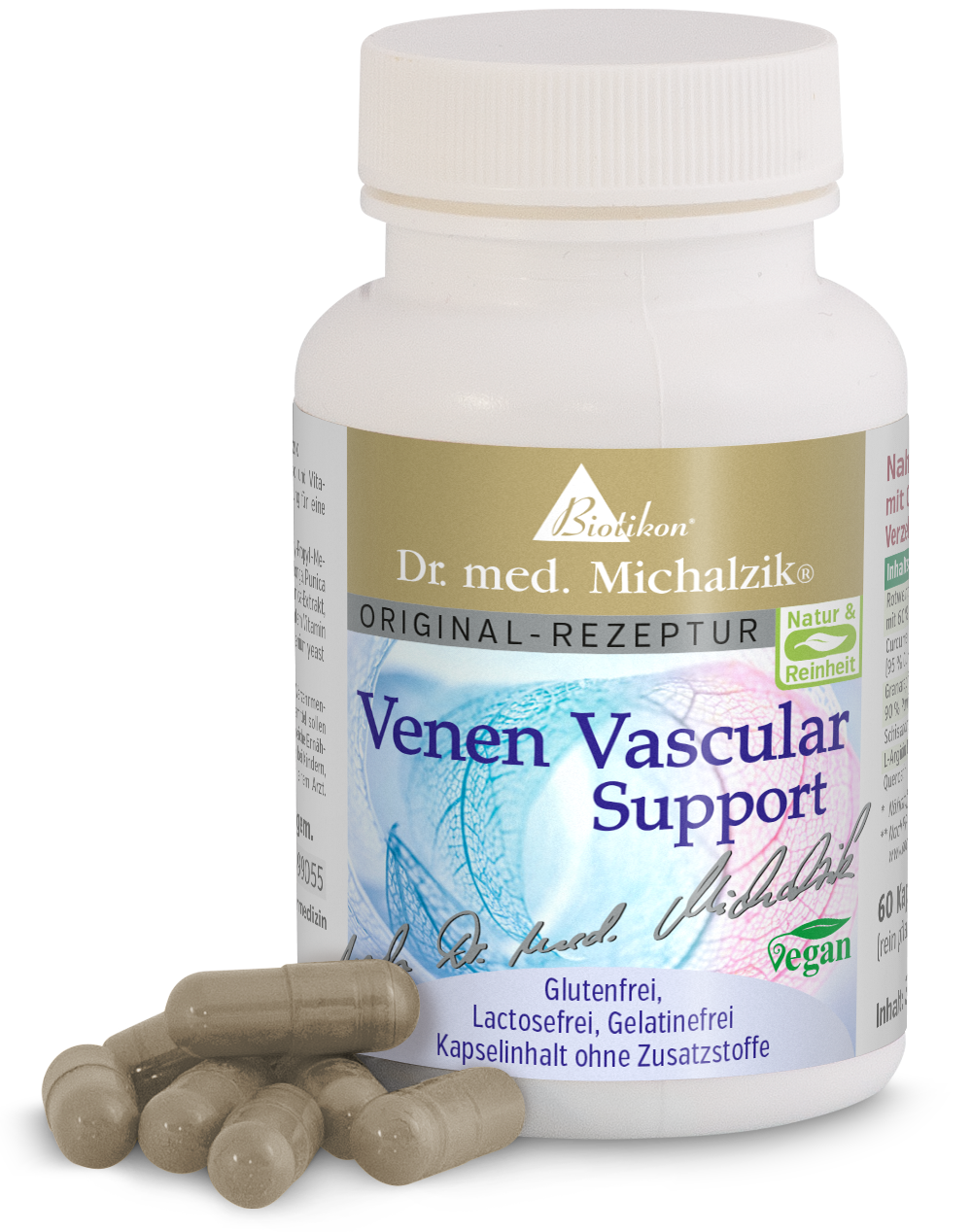Soutien Vasculaire Veineux - 60 Capsules Soutien vasculaire veineux dans une bouteille blanche avec 60 capsules, végan, sans gluten, capsules beiges.
