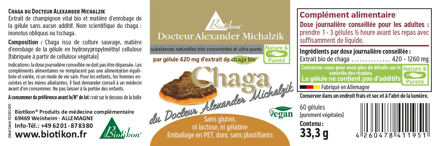 Chaga 420 mg – Gélules 60 gélules d'extrait de Chaga végan, en emballage PET, gélules brunes fabriquées en Allemagne.
