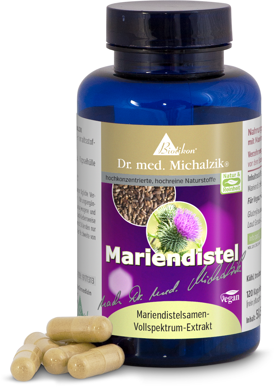 Chardon-Marie 120 Capsules – Extrait à Spectre Complet Flacon bleu avec extrait de graines de chardon-marie à spectre complet, 120 capsules végétaliennes, capsules beiges au premier plan.