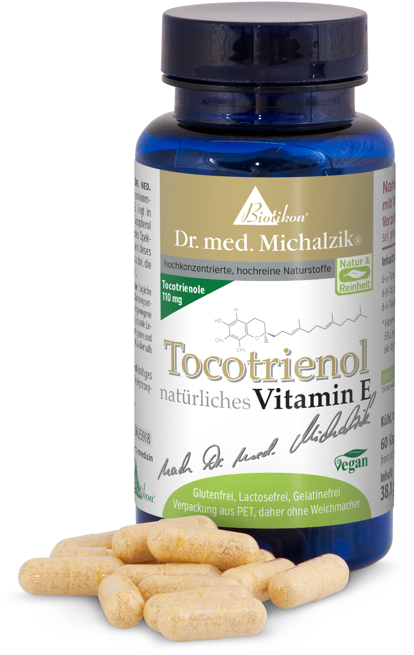 Tocotrienol 110 mg - Capsules Bouteille de 60 capsules de Tocotrienol, vitamine E naturelle, capsules jaunes sur fond blanc.