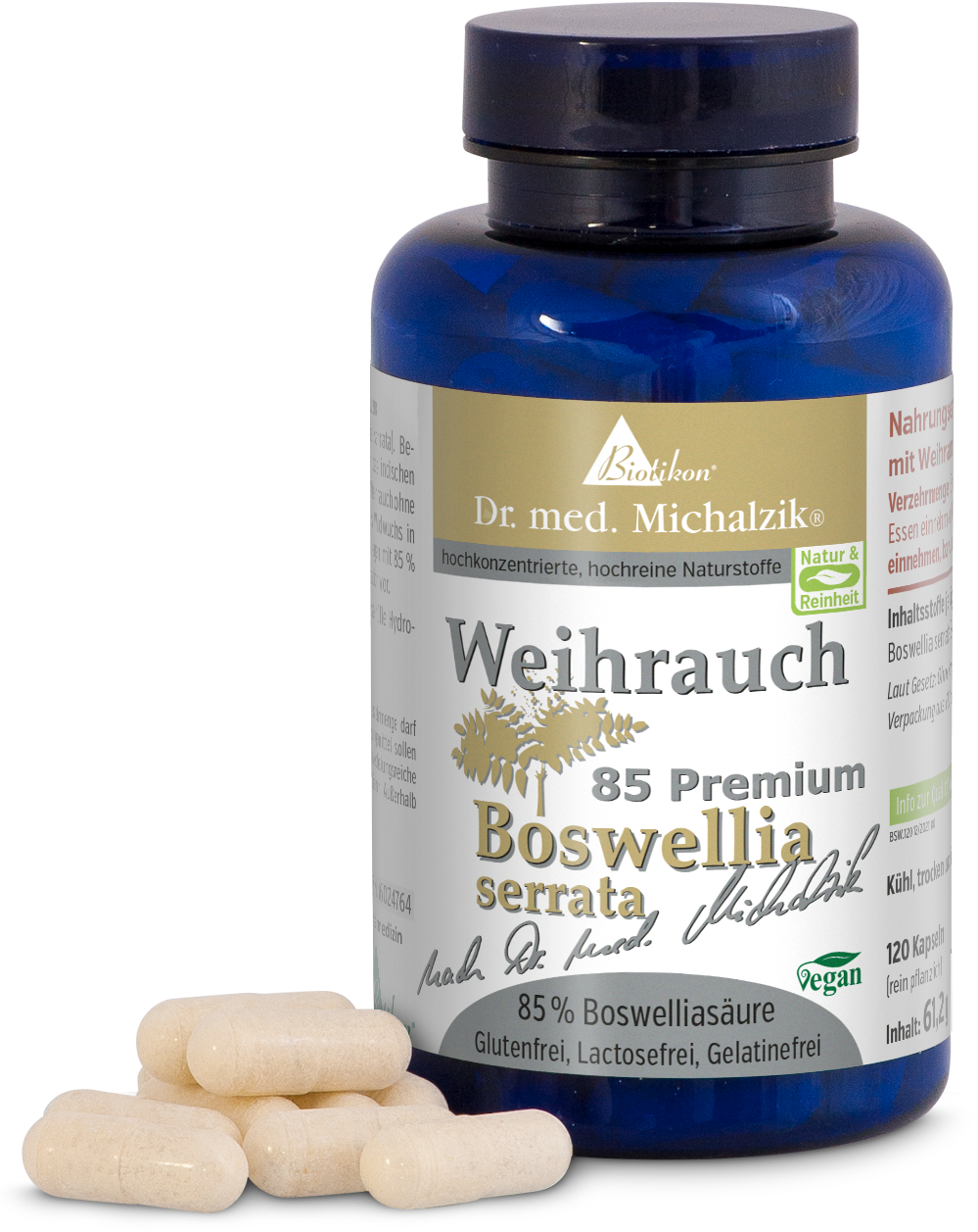 Encapsulation de Frankincense 85 Premium Bouteille contenant 120 capsules de frankincense, Boswellia serrata, capsules vegan de couleur crème, vue de face