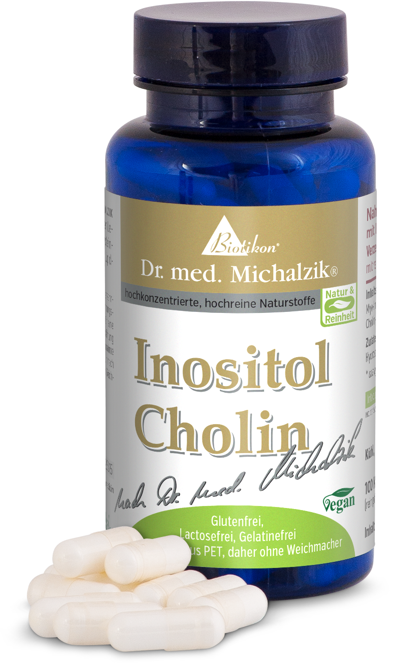 Inositol Choline – 100 Capsules Bouteille bleue contenant des capsules d'inositol cholin, 100 pièces, à côté des capsules sur fond blanc.