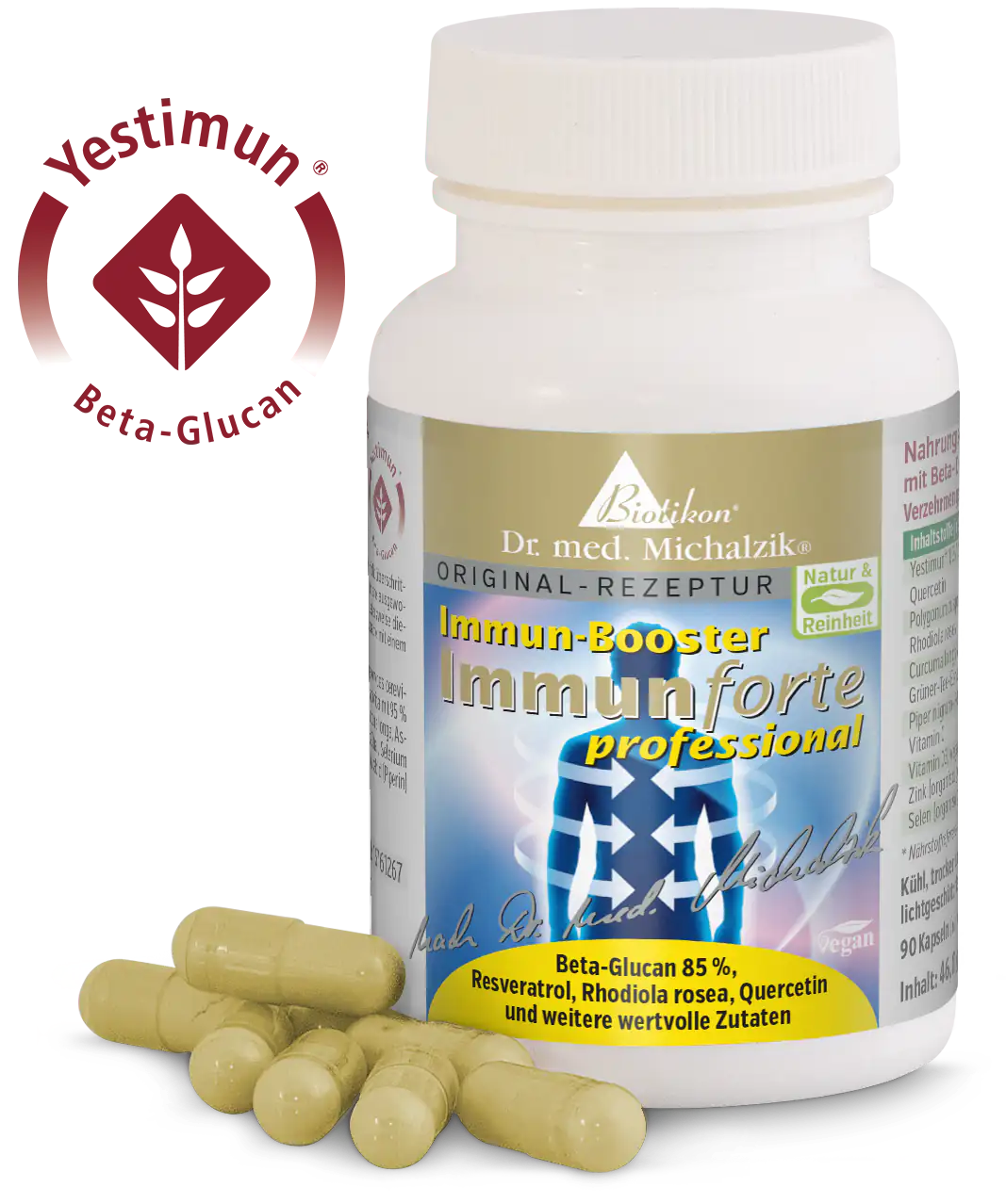Booster d'immunité 90 Capsules – Biotikon Immunforte Capsules de booster d'immunité dans une bouteille blanche, 90 pièces, tons beiges, capsules sur la table.