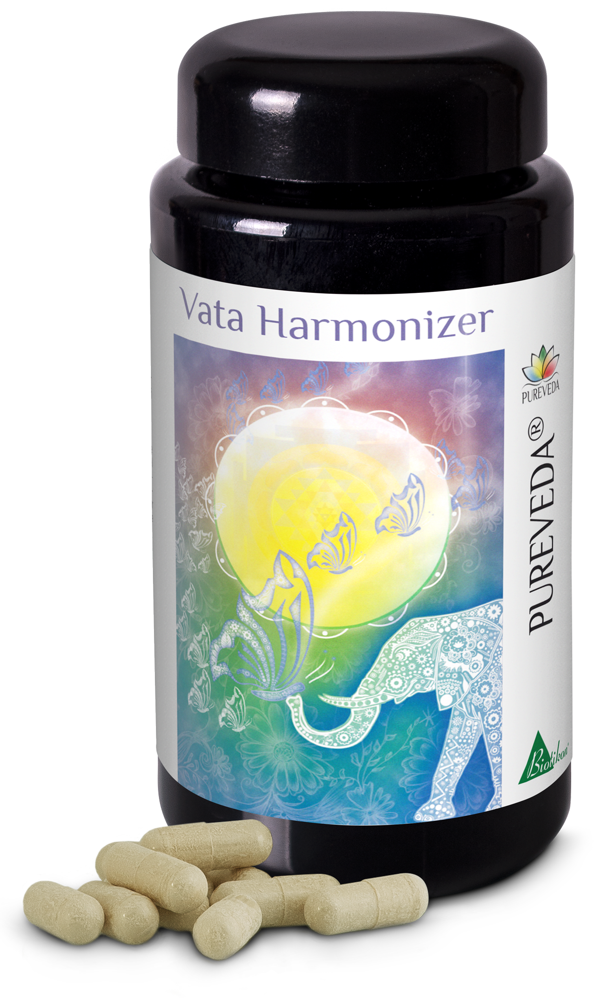 Harmoniseur Vata – Capsules Bouteille noire avec capsules Harmoniseur Vata, 60 capsules au total, capsules beiges sur la table.