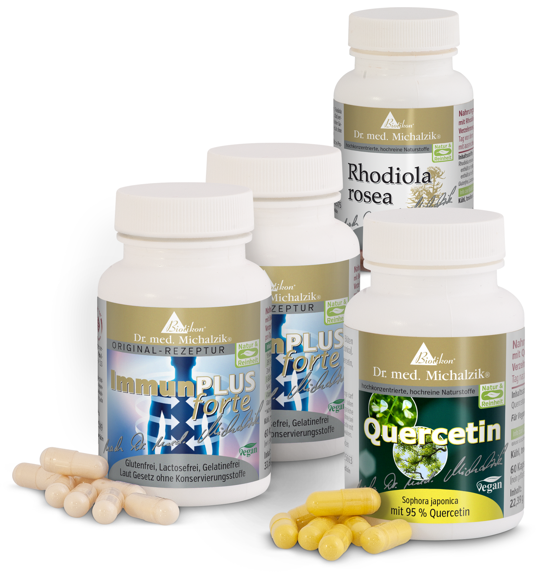 ImmunPLUS Forte - 360 Capsules Capsules ImmunPLUS Forte dans un emballage blanc, 360 pièces, sans gluten et sans gélatine, avec des capsules de quercétine.