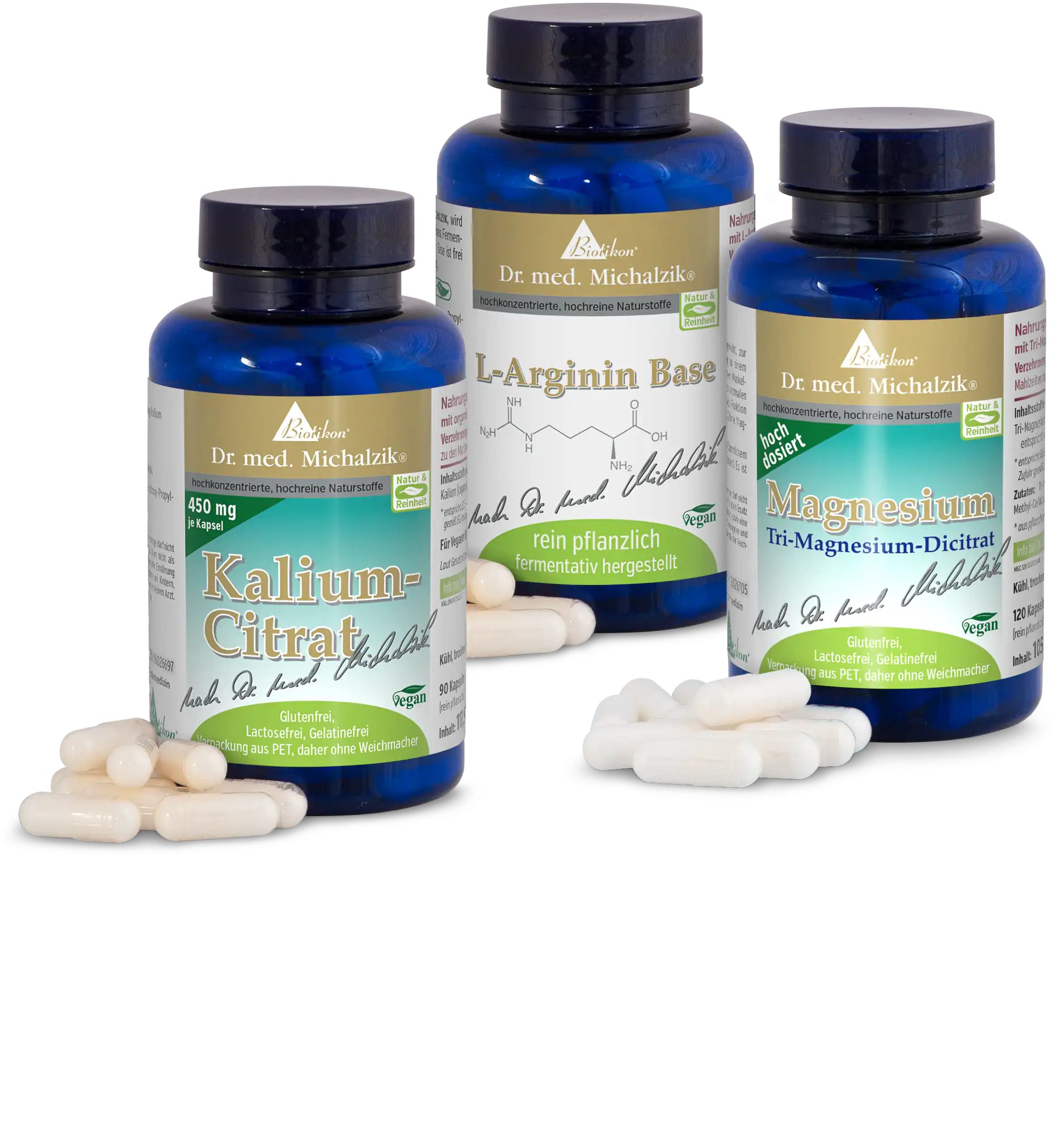 Citrate de potassium 450 mg – Capsules Trois bouteilles de suppléments alimentaires : Citrate de potassium, Base d'arginine L, Magnésium, avec capsules et vue des étiquettes.