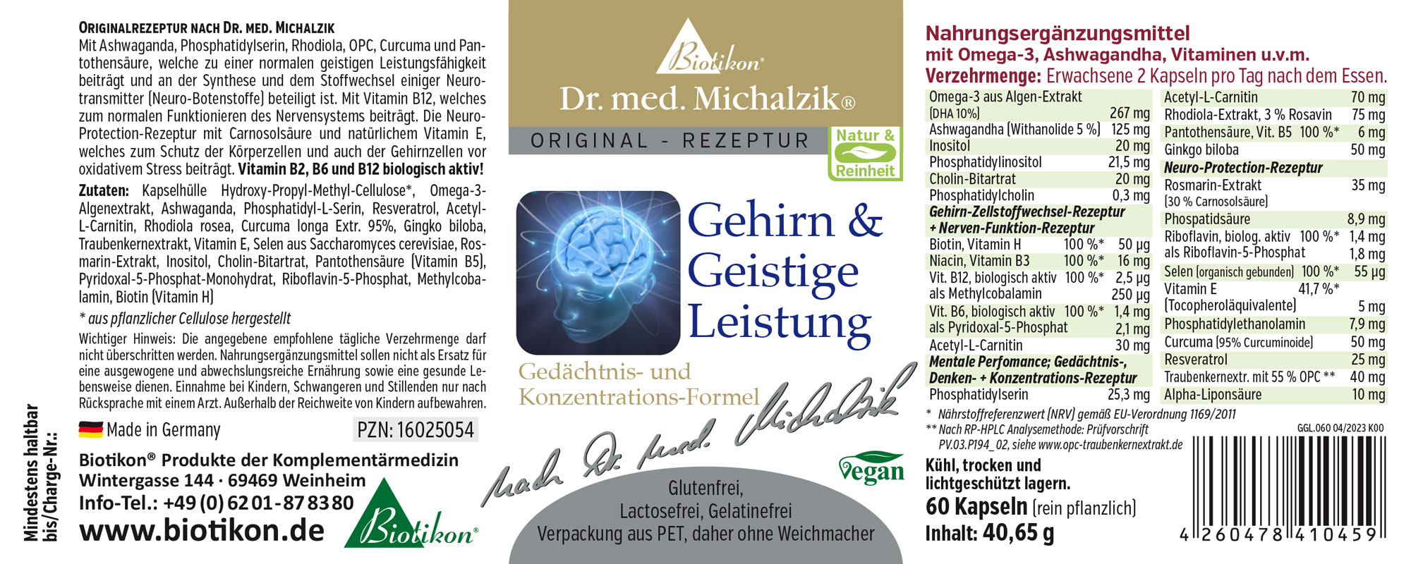 Cerveau & Performance Cognitive – 60 Capsules Supplément alimentaire sous forme de capsules, 60 pièces, enveloppe de capsule à base de plantes, conçu pour améliorer la performance cognitive.