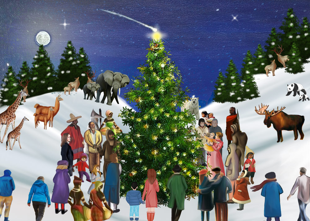 Scènes de Noël – Illustration avec des Animaux Illustration de Noël colorée avec un grand arbre décoré, plusieurs personnes et divers animaux dans la neige sous un ciel nocturne.