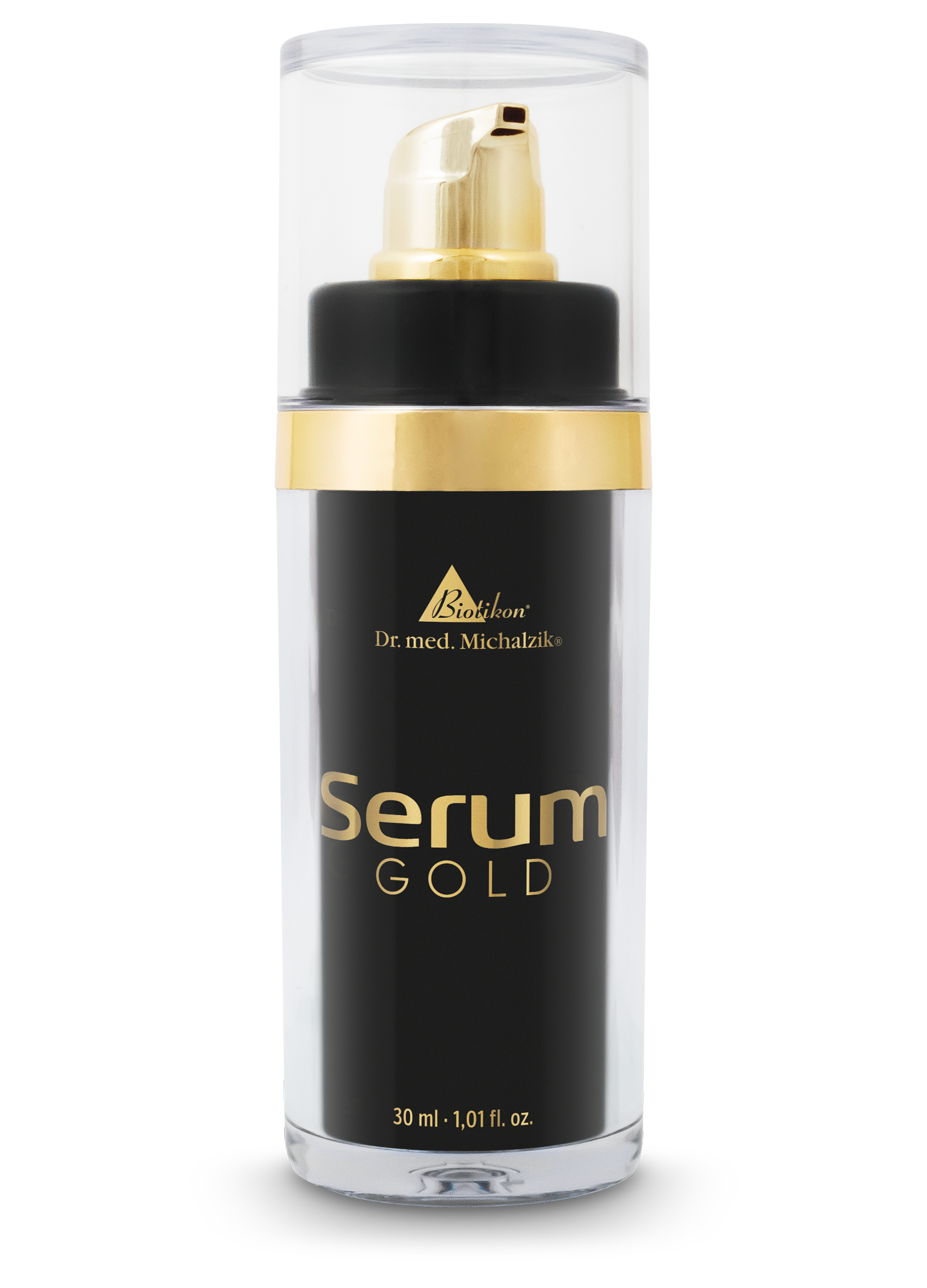 Sérum Visage Or - 30 ml Sérum visage or dans une bouteille noire, 30 ml, avec des accents dorés et un distributeur à pompe.