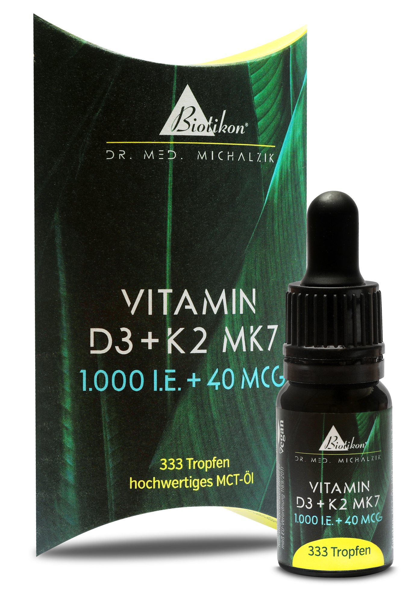Vitamine D3 K2 MK7 1000 I.E. – Gouttes Vitamine D3 et K2 MK7, 333 gouttes dans un flacon pipette sombre, entourées d'un emballage coloré.