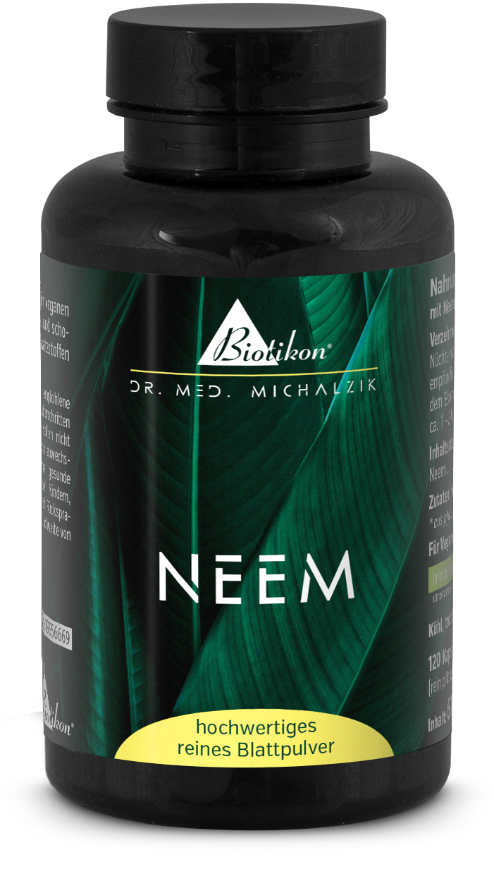 Poudre de Feuille de Neem 120 Gélules - Haute Qualité Gélules de poudre de feuille de neem dans une bouteille noire, 120 pièces, feuilles vertes en arrière-plan.