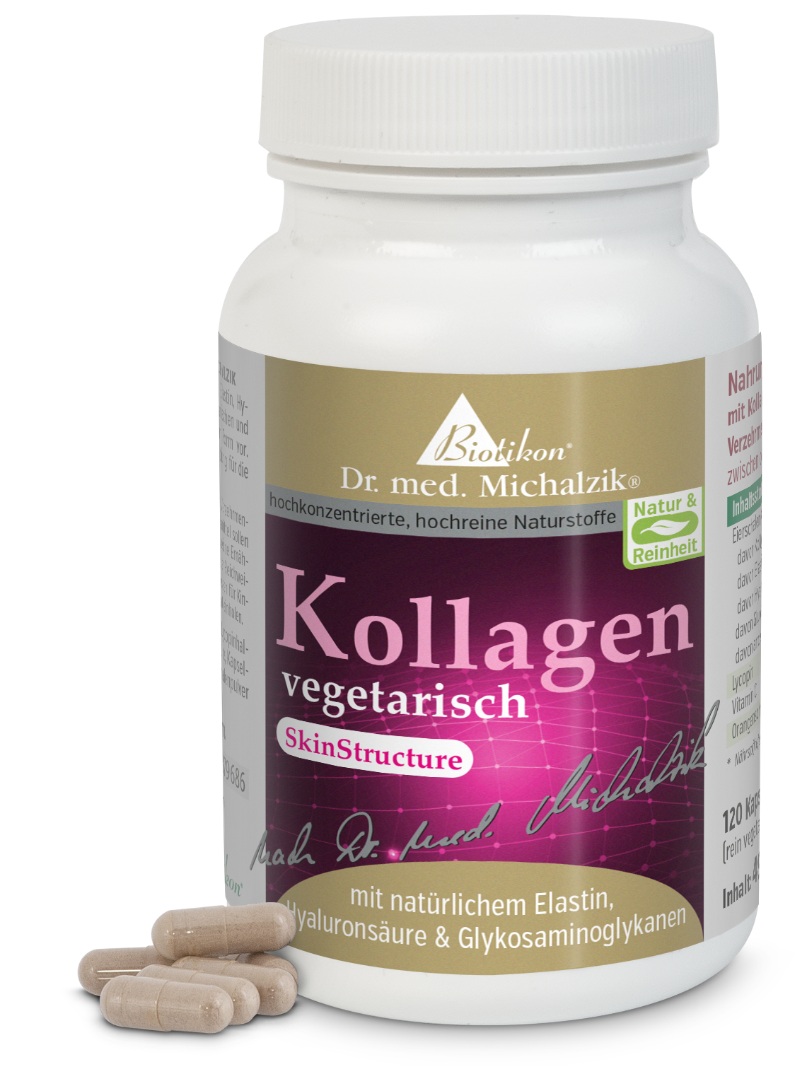 Collagène Végétarien 120 Capsules Contient 120 capsules végétariennes, beiges, dans un récipient blanc rond avec une étiquette.