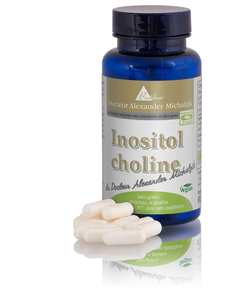 Inositol Choline – 60 Capsules Conteneur en verre bleu avec 60 capsules blanches, étiquetage visible.