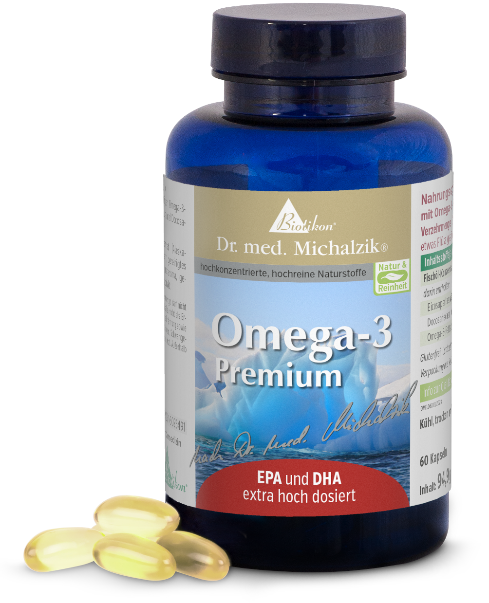Omega-3 Premium – 60 Gélules Bouteille de gélules Omega-3, bleue, 60 pièces, vue perspective. Gélules beige.