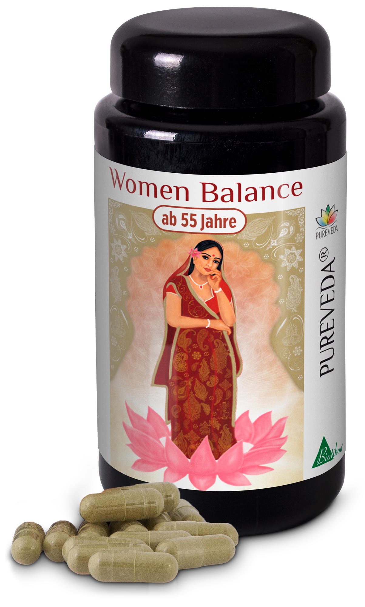 Capsules Femme Équilibre à partir de 55 ans Bouteille marron foncé avec 60 capsules pour femmes de 55 ans et plus, avec un packaging décoratif.