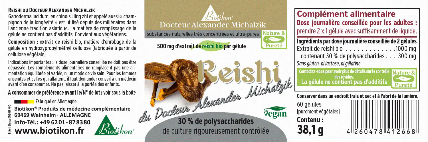 Reishi 500 mg – Capsules Capsules de Reishi avec 500 mg d'extrait biologique par capsule, 60 capsules véganes, emballage au design coloré.