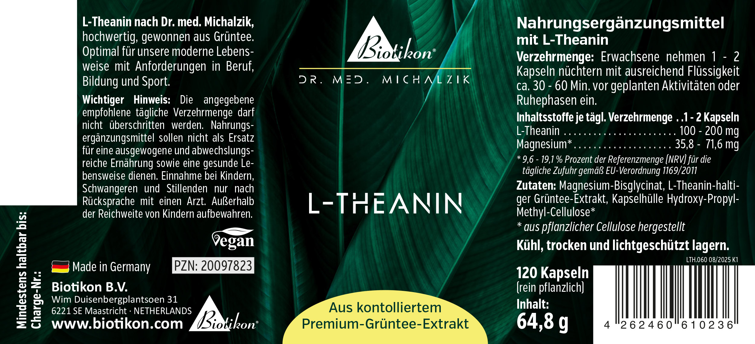 Étiquette du contenant de capsules de L-théanine Étiquette du contenant de capsules de L-théanine
