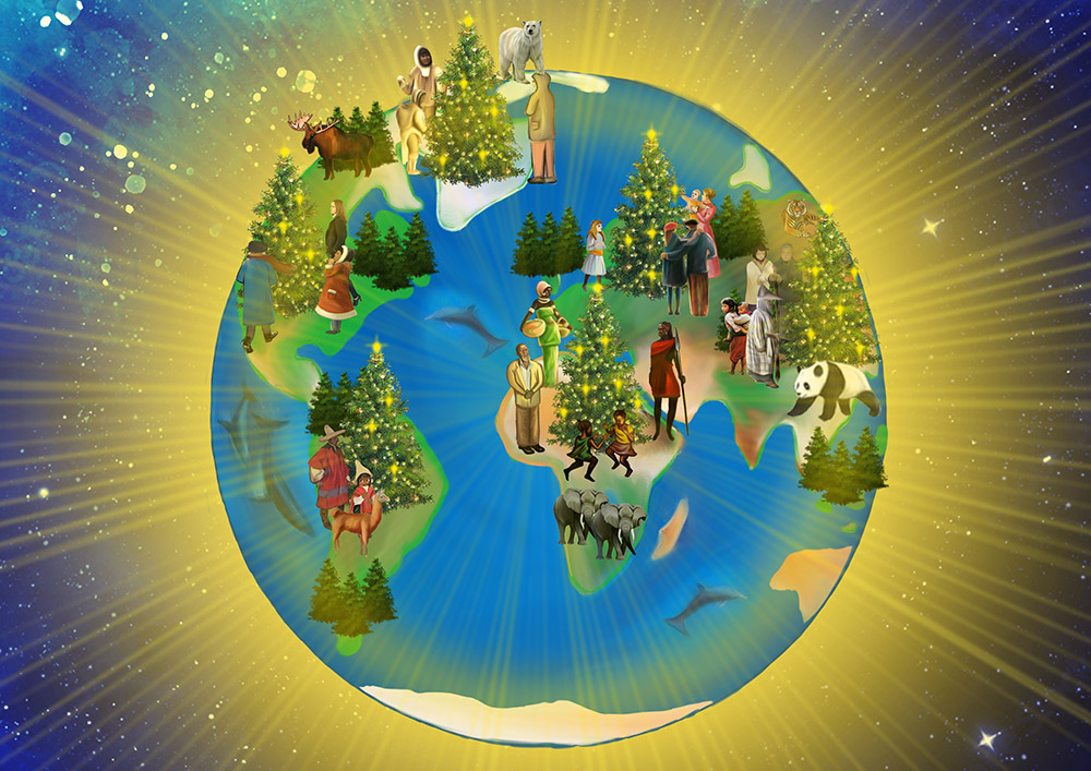 Carte du Monde avec Sapins de Noël - Décor Festif Carte du monde colorée avec des sapins de Noël, des animaux et des figurines humaines de différentes cultures sur un fond lumineux.
