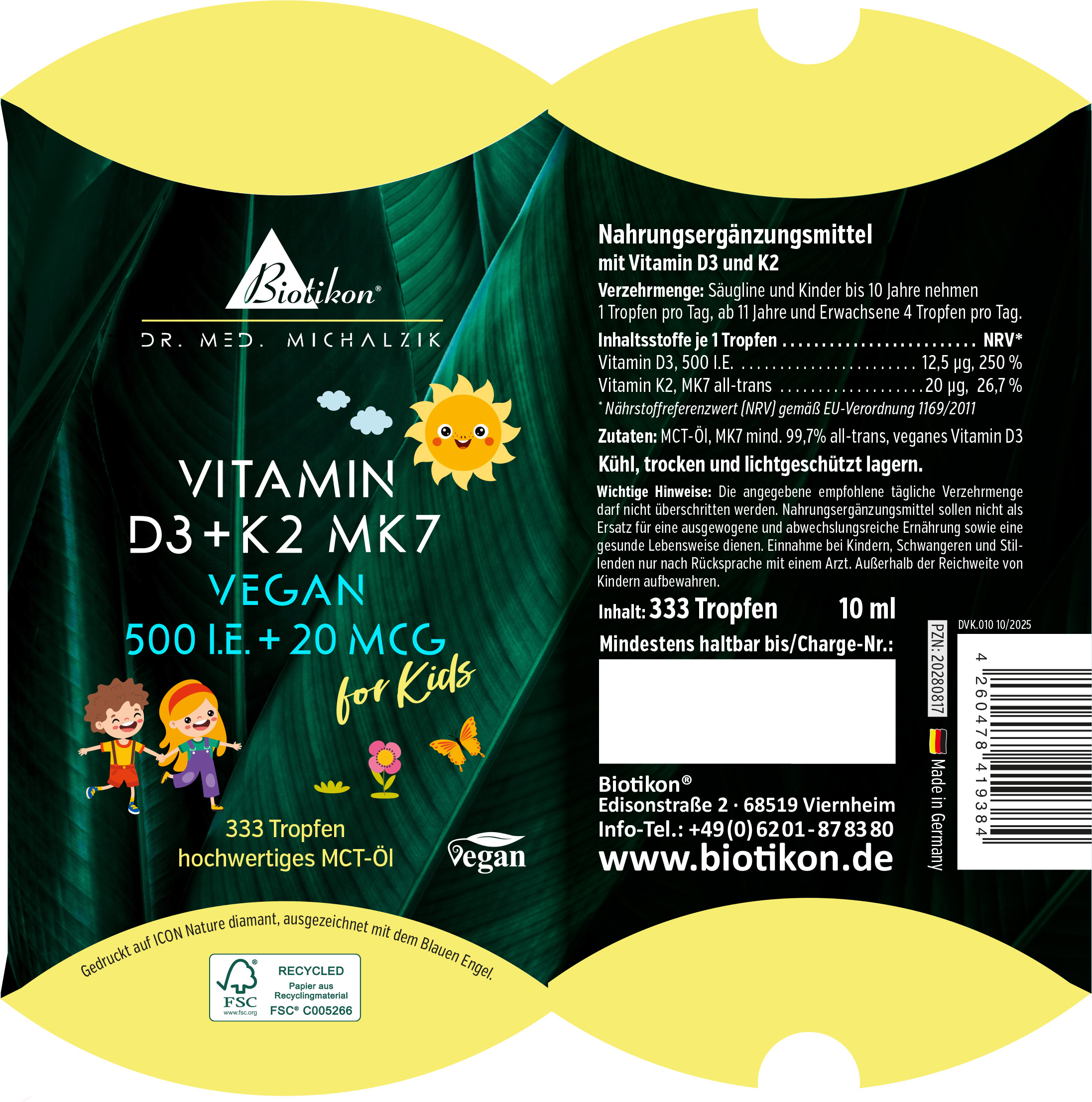 Vitamine D3 + K2 500 UI 20 mcg, boîte coussin végétalienne Vitamine D3 + K2 500 UI 20 mcg, boîte coussin végétalienne