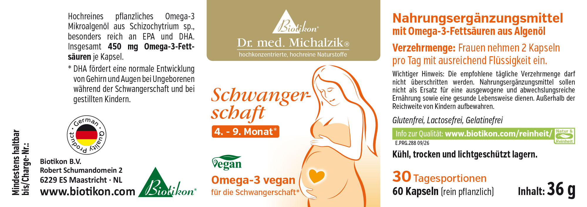Acides gras Omega-3 570 mg – Capsules Complément alimentaire sous forme de capsules, 30 pièces, végan, avec Omega-3 pur provenant d'huile d'algues, emballage coloré.