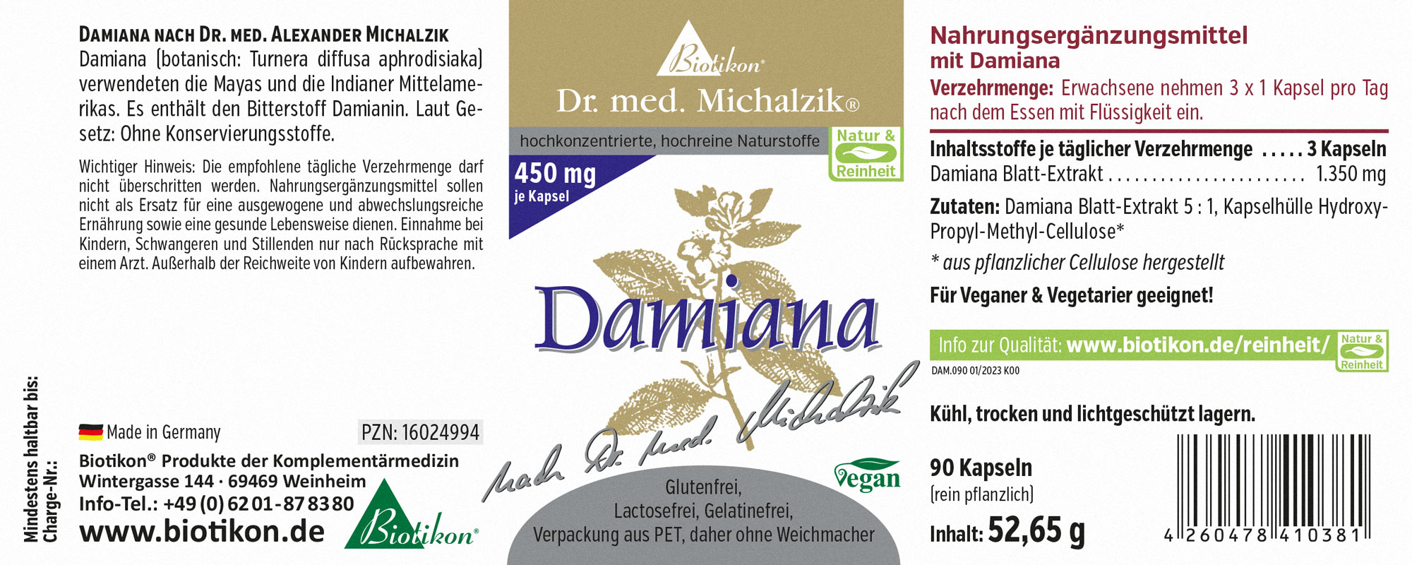 Damiana 450 mg – Capsules Complément alimentaire Damiana dans un emballage de 90 capsules, végétalien, 450 mg par capsule, à base de cellulose végétale.