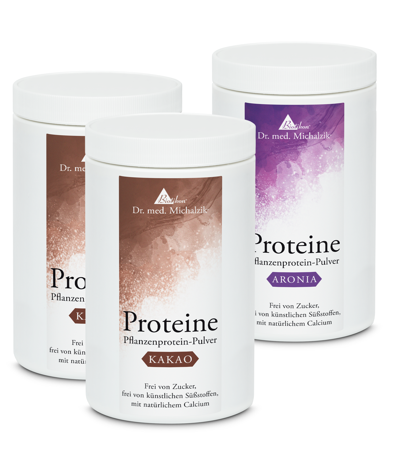 Poudre de protéine végétale - Saveur cacao 300 g Trois boîtes de poudre de protéine végétale au goût de cacao et d'aronia, chacune de 300 g, avec des couvercles blancs.