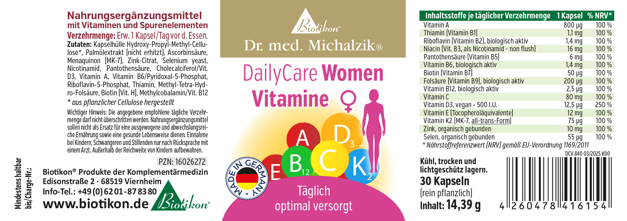 Vitamines DailyCare Femmes – 30 Capsules Complément alimentaire pour femmes, 30 capsules, emballage coloré, vue de côté.