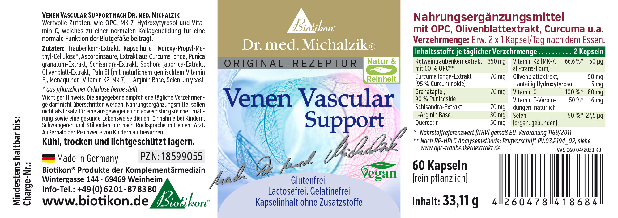 Soutien Vasculaire Vein – 60 Capsules Compléments alimentaires en capsules, 60 pièces, emballage transparent, végétalien, vert clair et bleu.