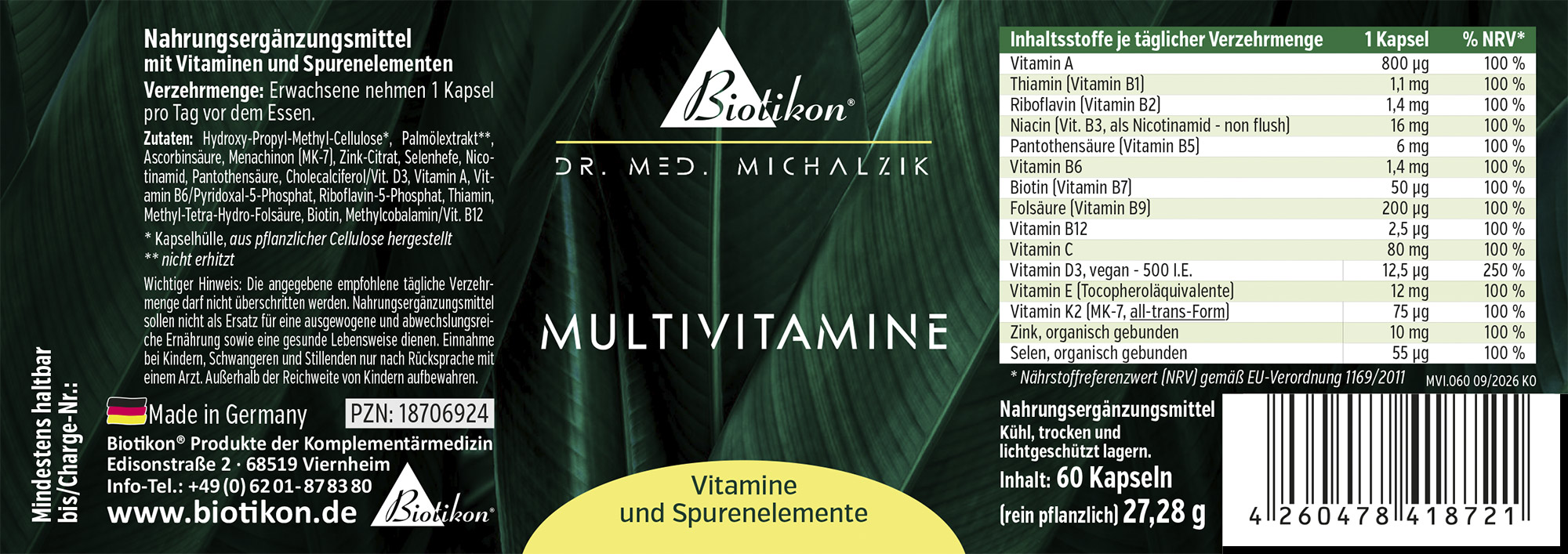 Emballage contenant 60 capsules de multivitamines végétaliennes