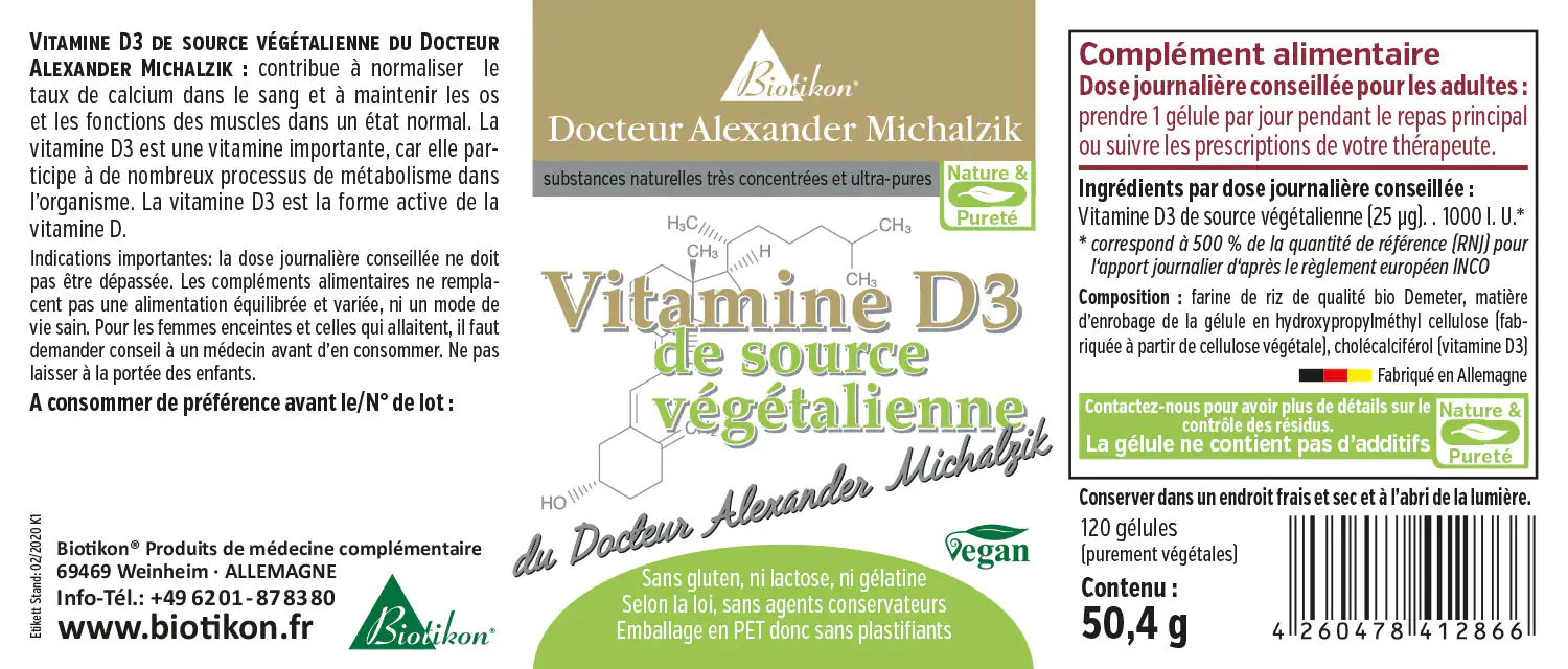 Vitamine D3 1000 IU – 120 Capsules Capsules végétales de vitamine D3, 1000 IU, 120 capsules en emballage PET, couleur blanche.