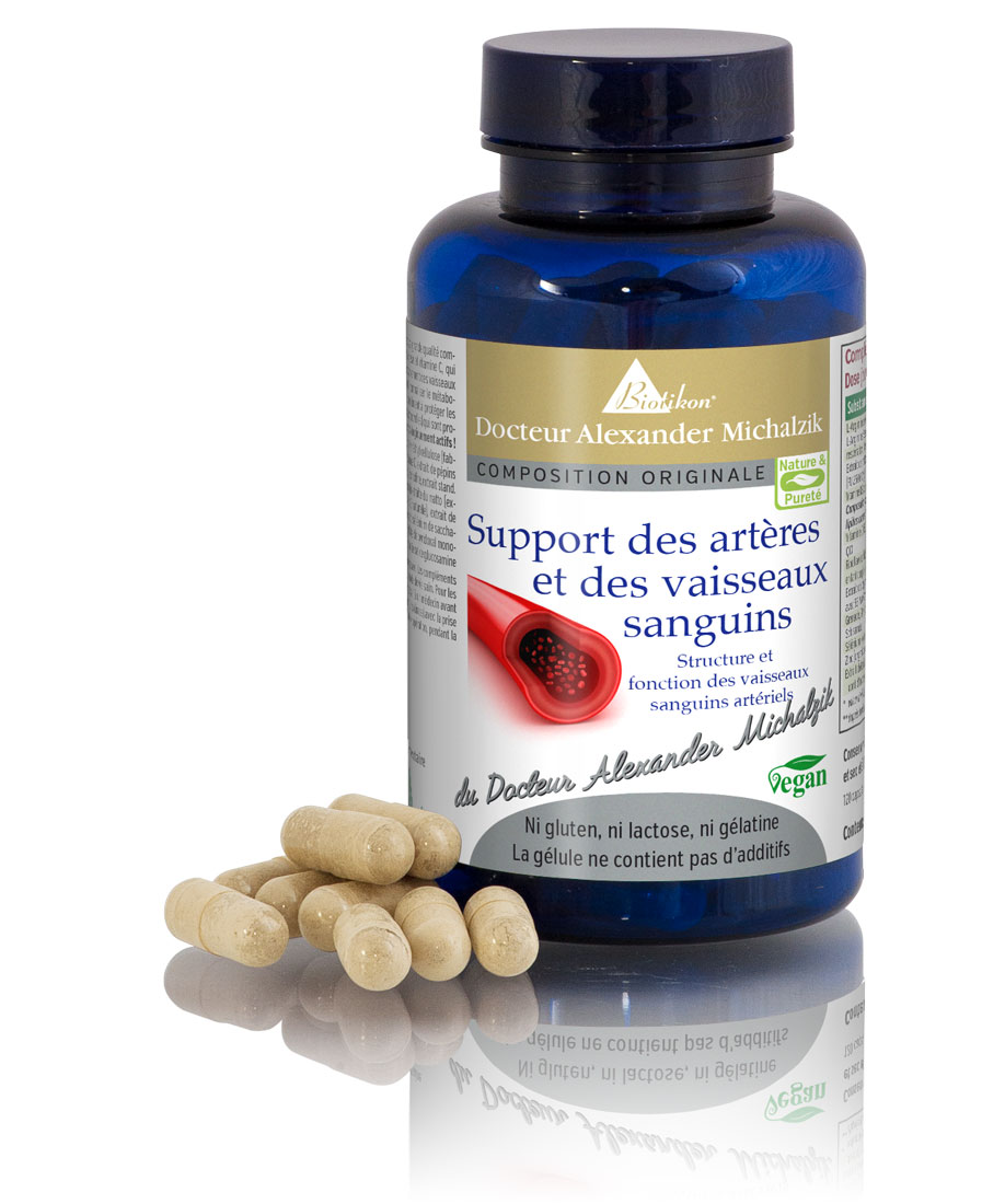 Soutien Artériel et Vasculaire - Capsules Bouteille bleue avec des capsules pour le soutien vasculaire, 60 capsules, végan, gros plan.