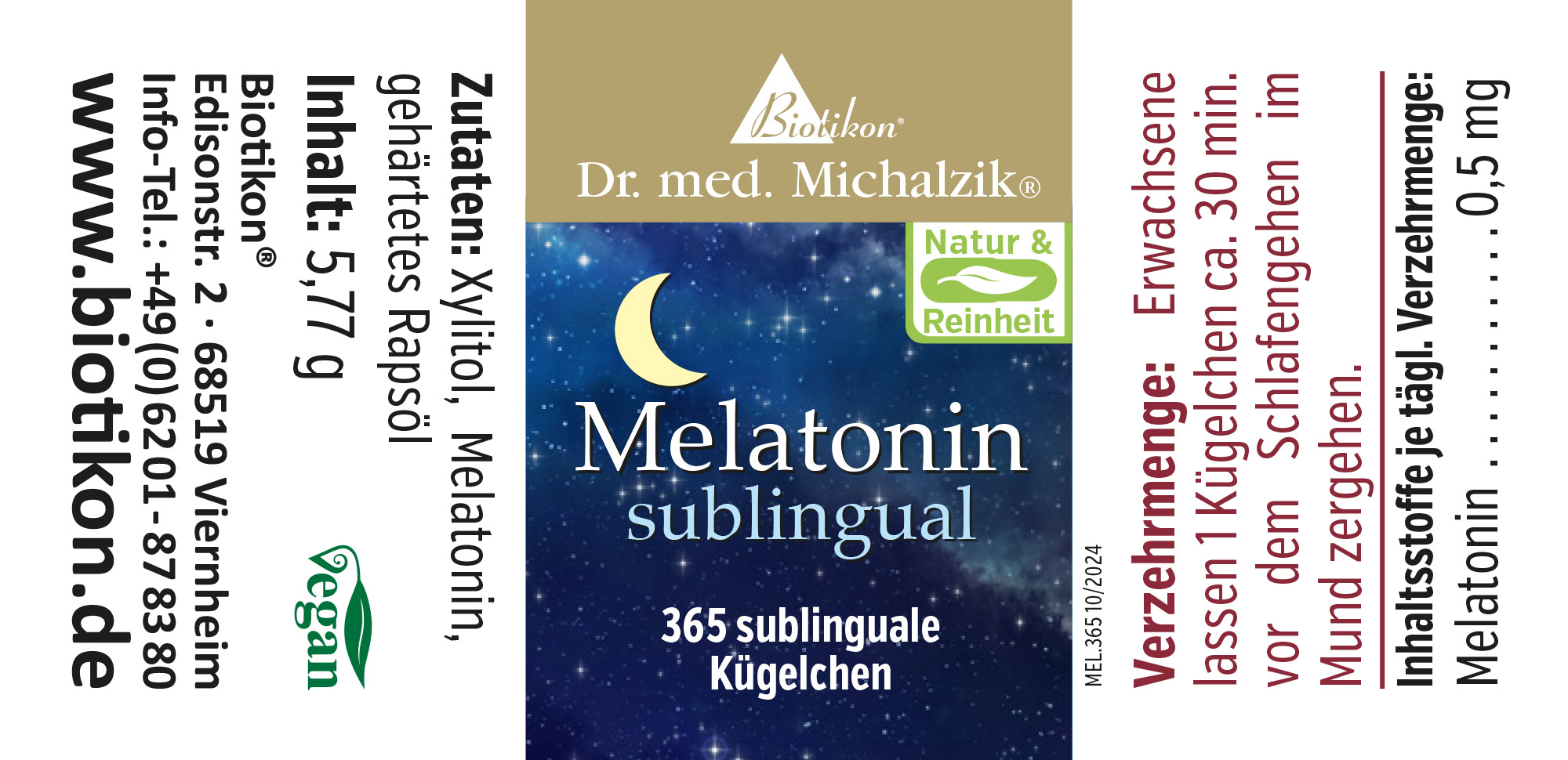 Mélatonine sublinguale 0,5 mg – 365 comprimes Emballage avec 365 comprimés sublinguaux, design bleu avec motif de lune, vegan, 0,5 mg de mélatonine par comprimé.