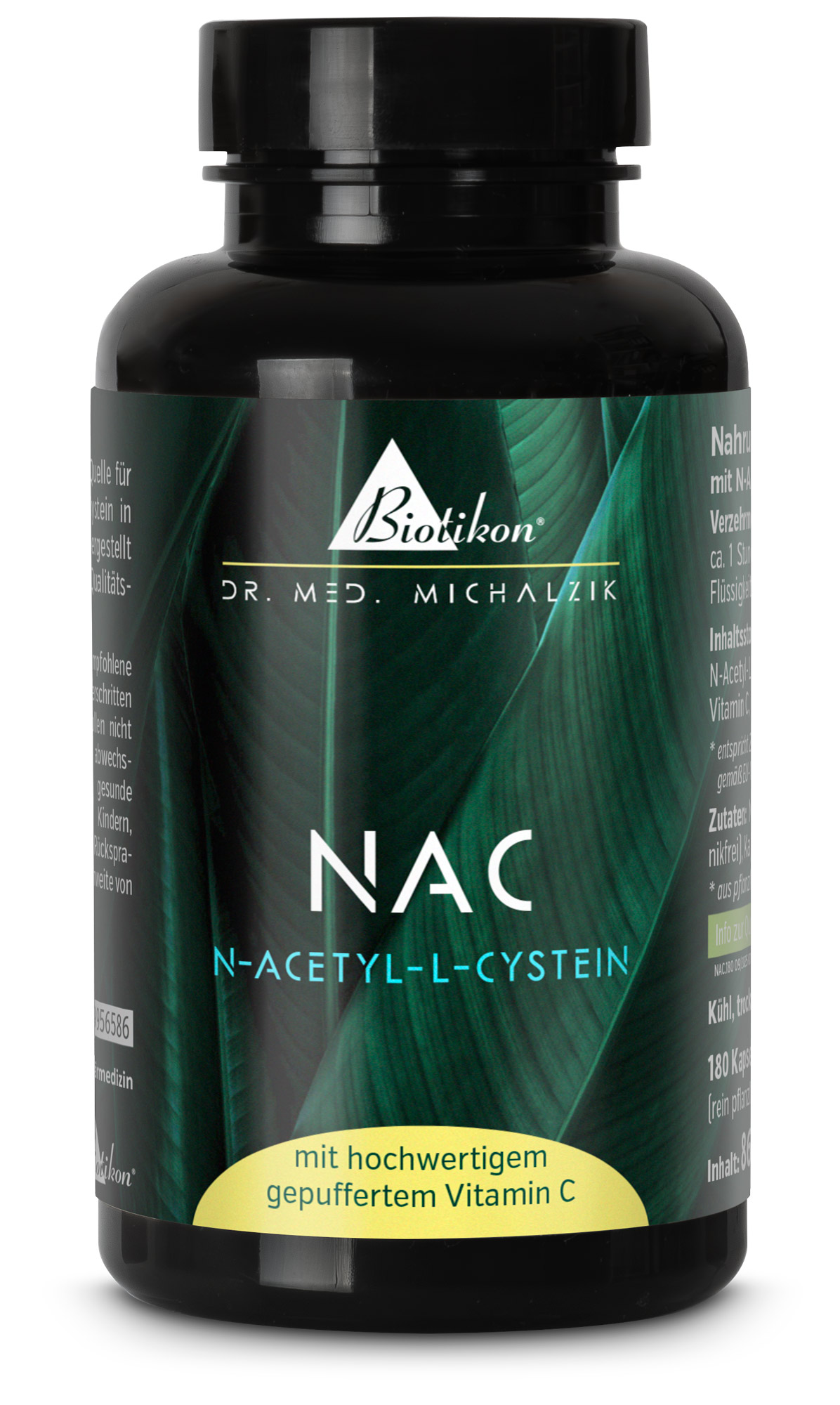 Flacon noir de capsules contenant de la N-Acétyl-L-Cystéine, 180 gélules, haute pureté, sans additifs, design feuille verte.