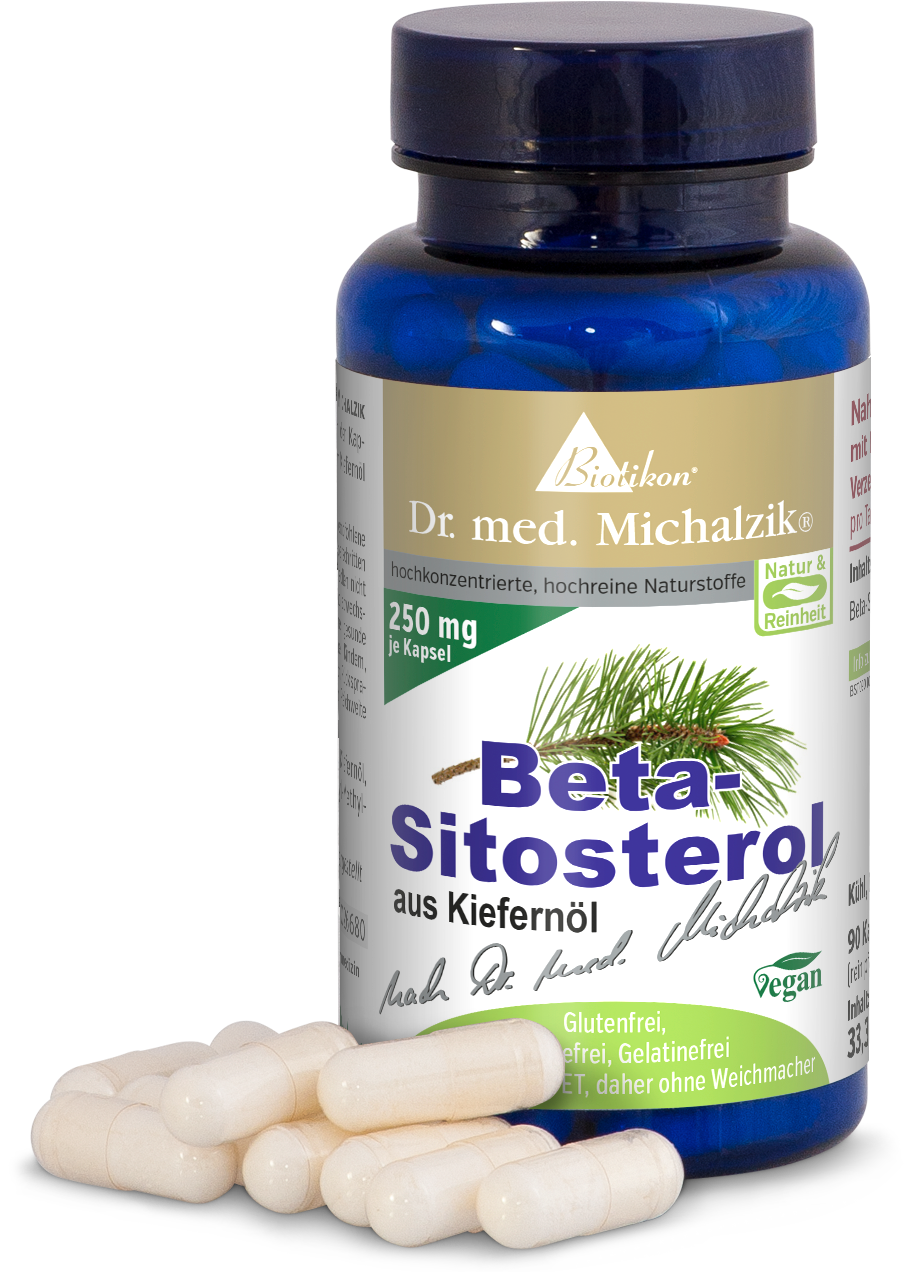 Beta-Sitostérol 250 mg – Capsules Beta-sitostérol à partir d'huile de pin, 90 capsules dans une bouteille bleue, avec un accent sur les capsules, vegan, sans gluten.