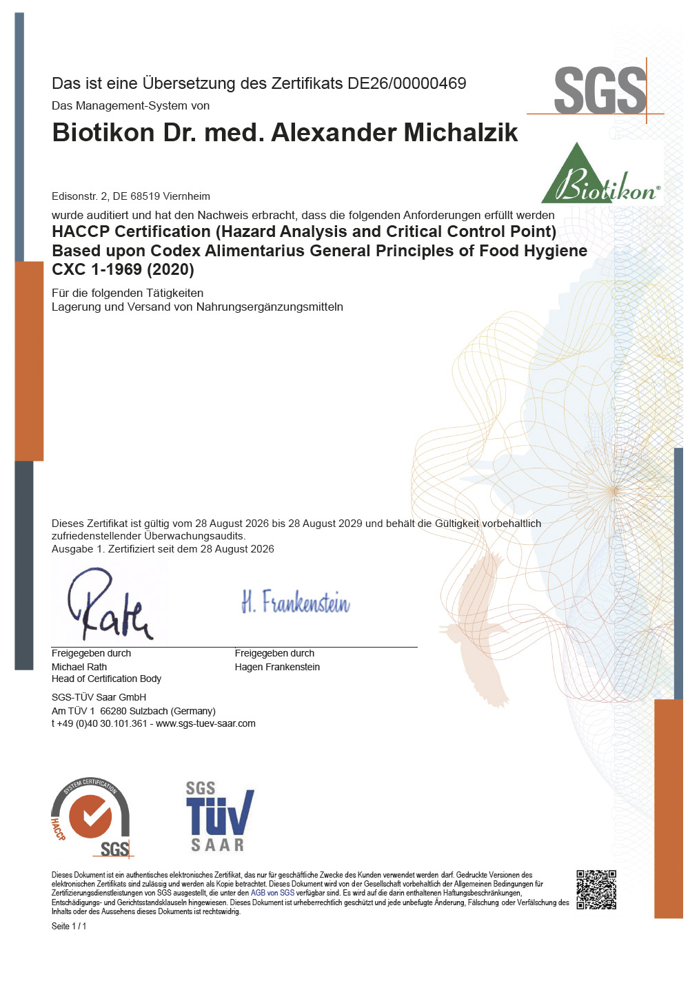 Certificat HACCP – Biotikon Certificat HACCP de Biotikon avec détails, incluant logo, notes d'inspection et date de validité.