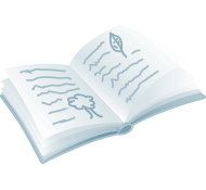 Icône d'abonnement à la newsletter Un livre ouvert avec des croquis de feuilles et d'arbres, sur un fond bleu clair.