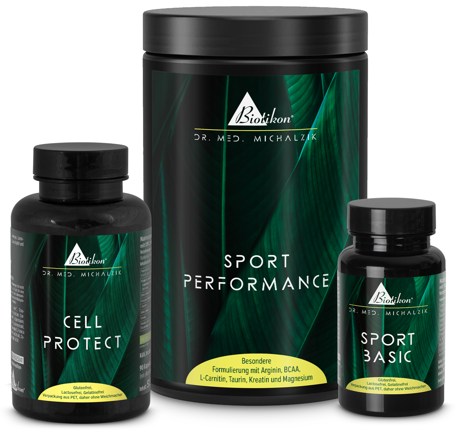 Poudre de Performance Sportive 300 g Trois compléments : Capsules Cell Protect, Poudre de Performance Sportive 300 g et Capsules Sport Basic, tous dans un emballage noir.