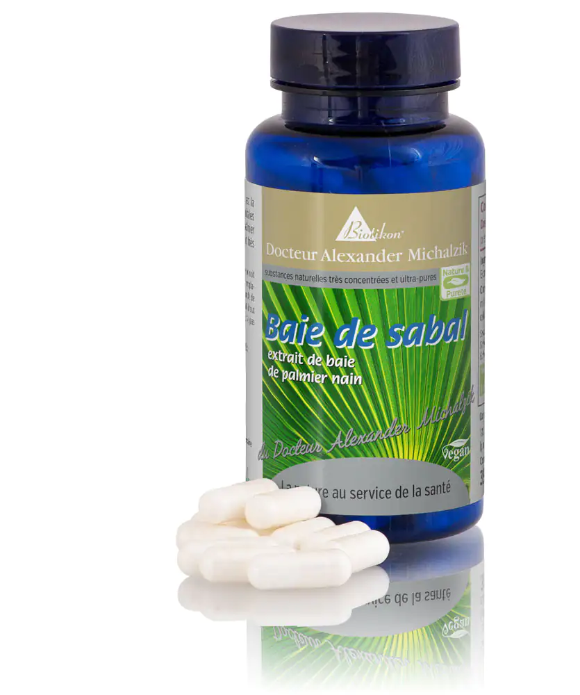 Baie de Sabal 100 Capsules - Extrait Flacon bleu avec extrait de baie de Sabal, 100 capsules blanches, vue de face, surface réfléchissante.