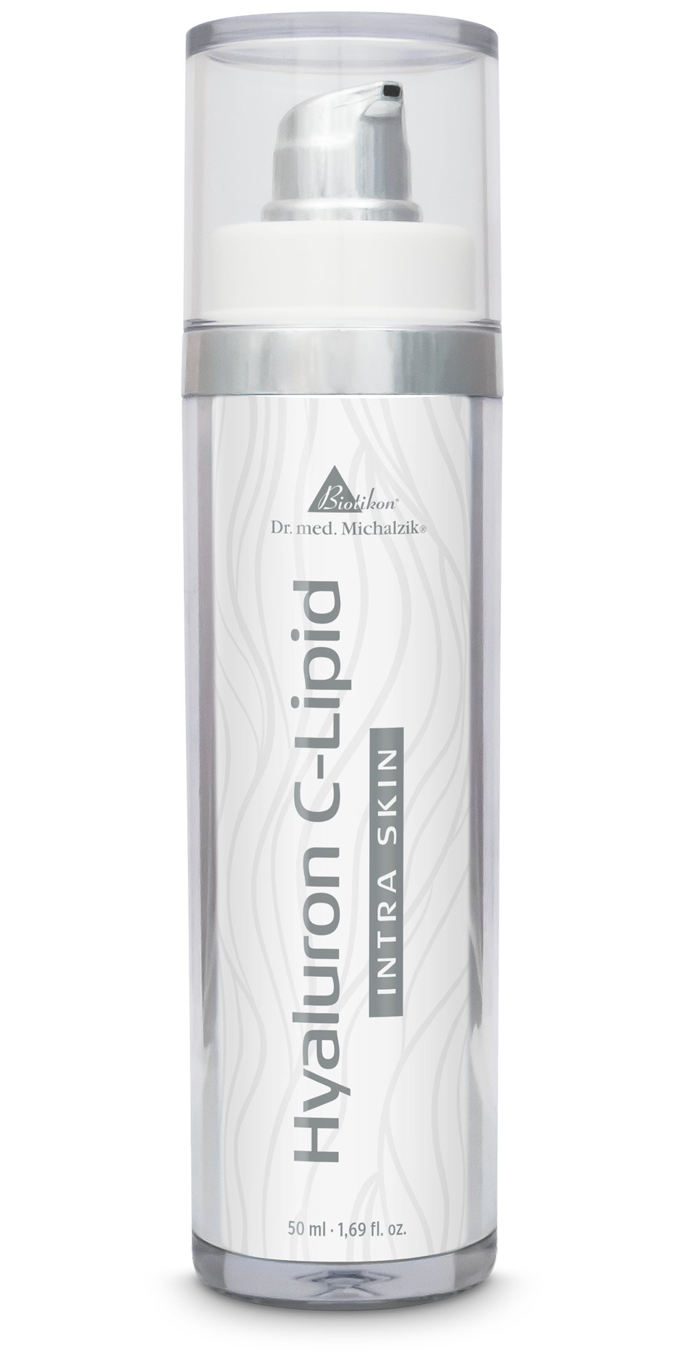 Hyaluron C-Lipid 50 ml – Crème pour le visage Crème pour le visage Hyaluron C-Lipid en flacon pompe, 50 ml, transparente avec une pointe argentée.