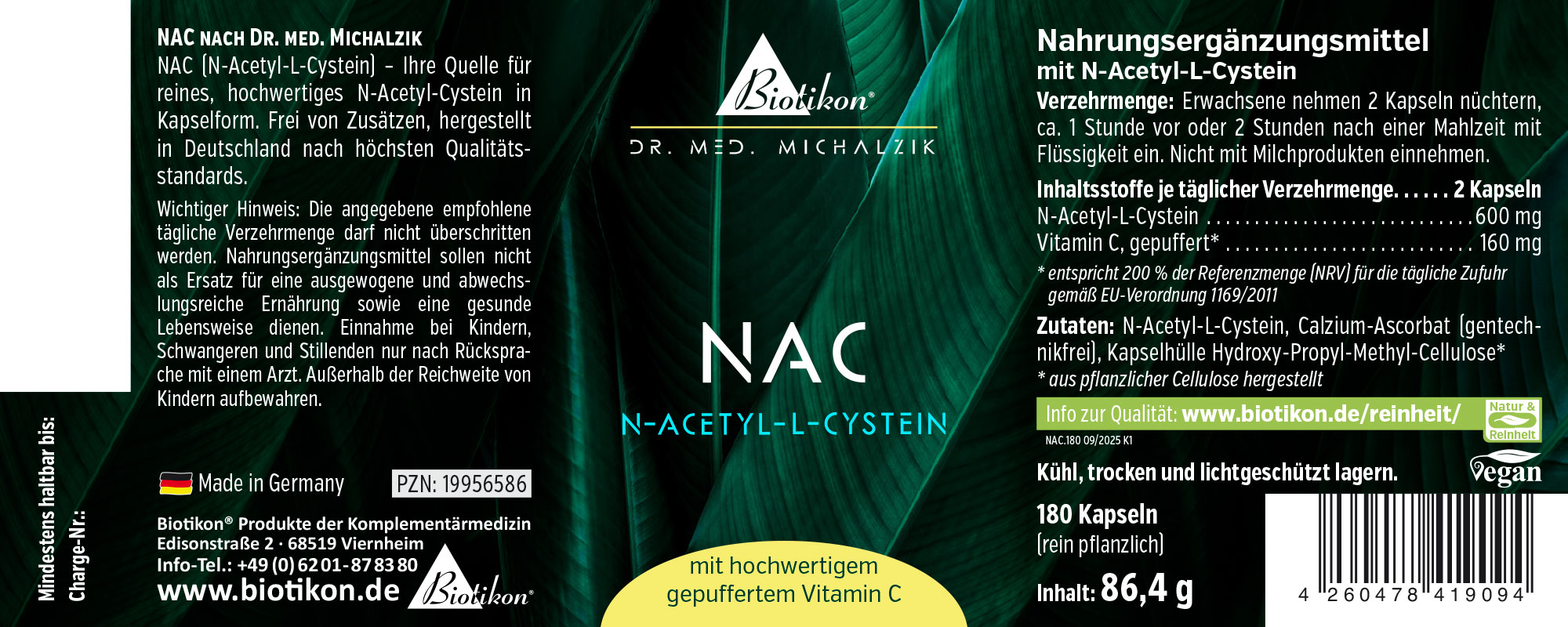 NAC N-Acétyl-L-Cystéine dans un emballage foncé, 180 capsules, capsules végétaliennes de haute qualité, fabrication allemande.