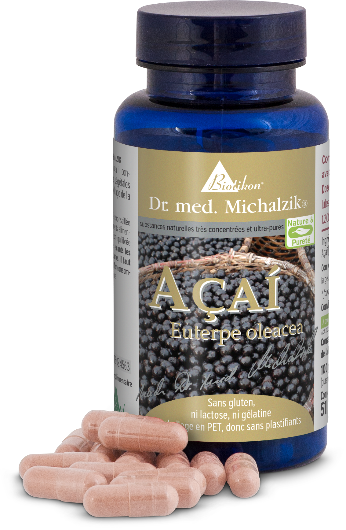 Açaï 1200 mg – Capsules Capsules d'açaï dans une bouteille bleue, 60 pièces, capsules roses, vue de face sur fond blanc.