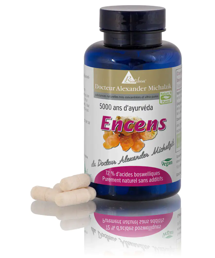 Encens 5000 ans d'Ayurveda – 120 capsules Bouteille avec 120 capsules, en verre bleu, vegan, étiquette descriptive.