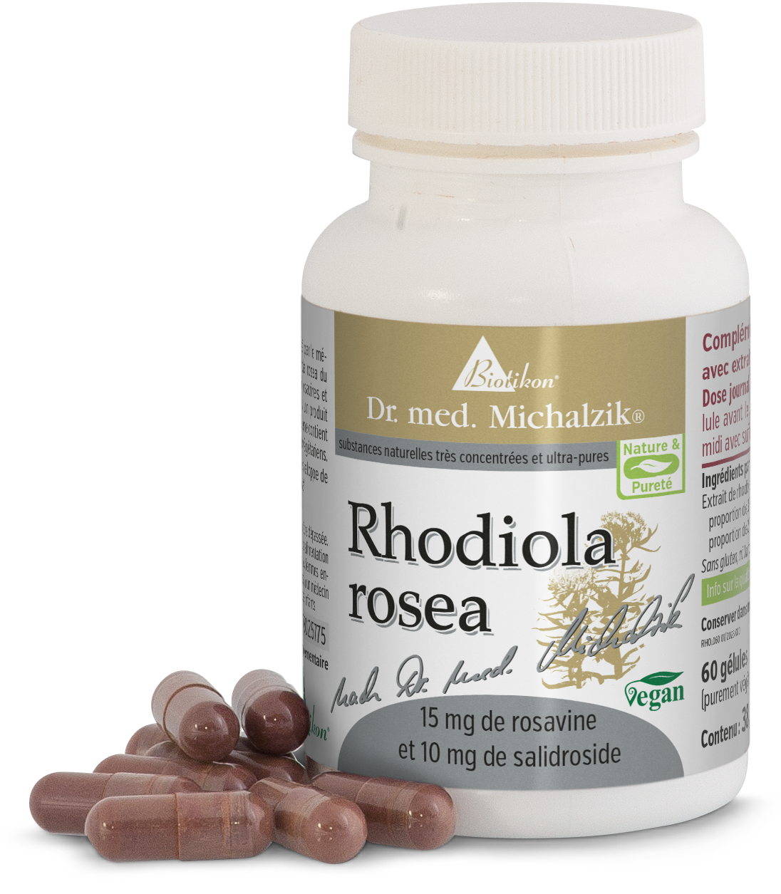 Rhodiola Rosea 15 mg – Capsules Bouteille de 60 capsules contenant de la Rhodiola rosea, capsules roses visibles, emballage blanc.