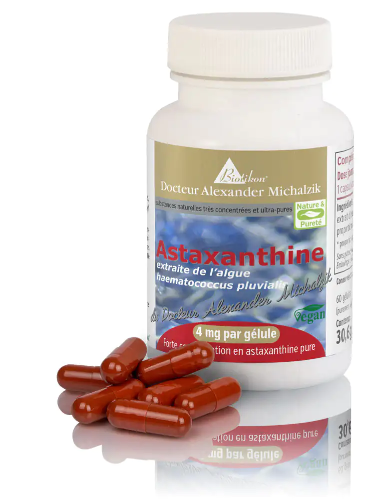 Astaxanthine 4 mg – Gélules Gélules rouges d'astaxanthine dans un flacon blanc, 60 pièces, végan.
