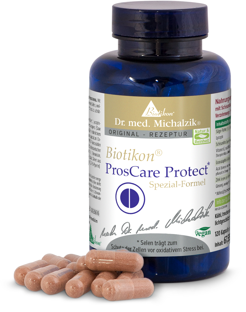 Biotikon ProsCare Protect – 120 Capsules Capsules Biotikon ProsCare Protect dans une bouteille bleue, capsules roses, 120 pièces, sur un fond clair.