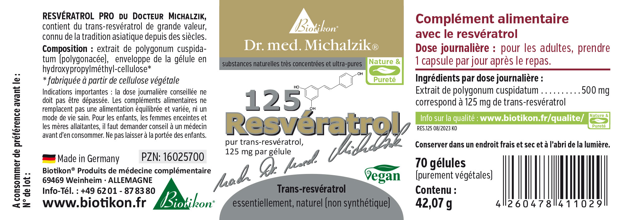 Resvératrol 125 mg – Capsules Complément alimentaire Resvératrol, 125 mg par capsule, 70 capsules végétaliennes dans un emballage, conçu en gris et vert.