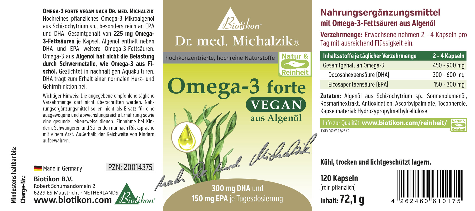 Omega-3 forte vegan Original selon Dr. med. Michalzik - Etiquette 60 gélules
